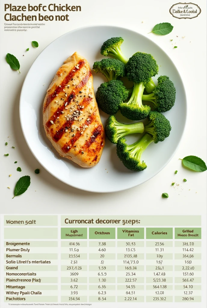 Create a food chart on the nutritional components of a plate of Broccoli with chicken breast and salt