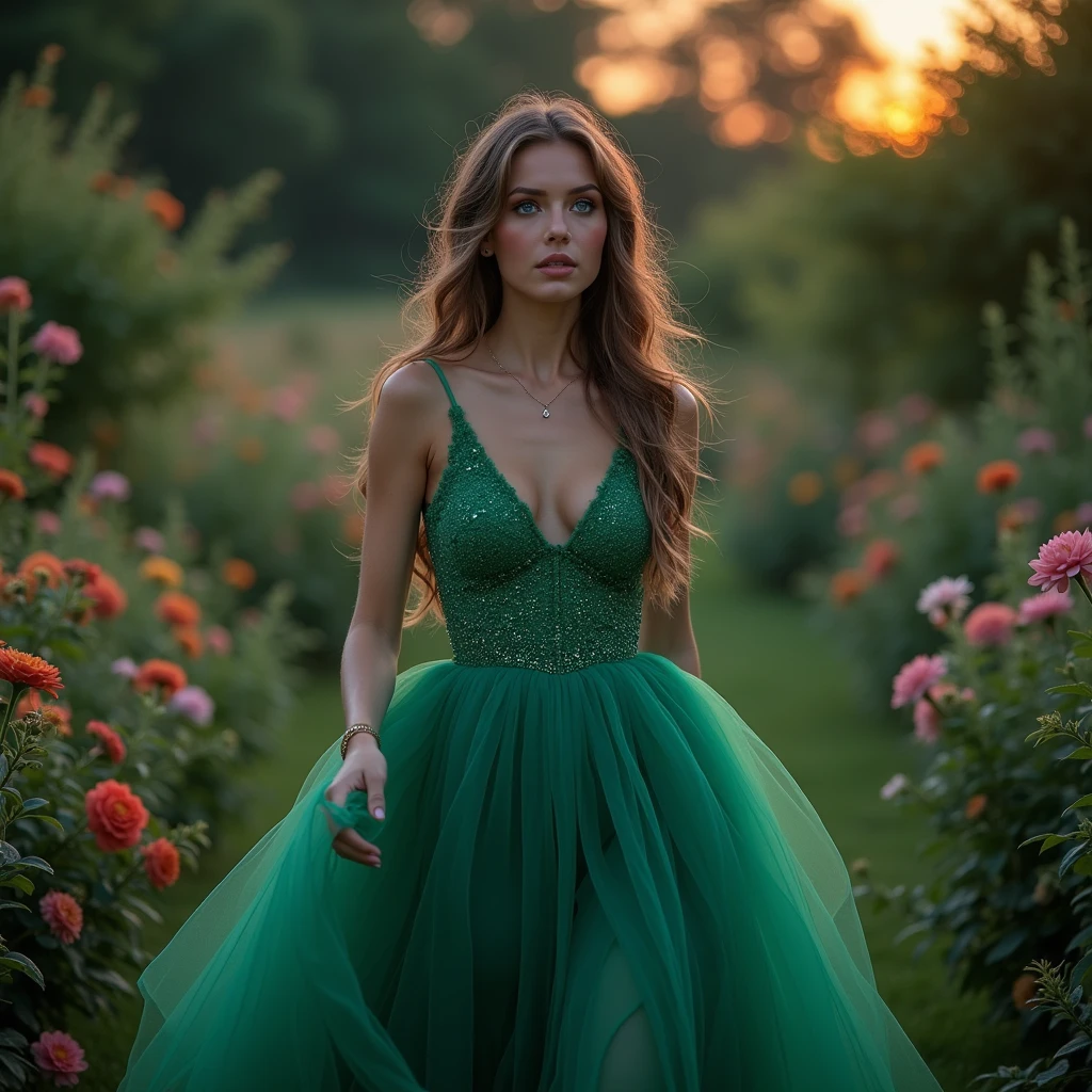 An alluring girl with a goddess-like presence, wearing a breathtaking emerald green gown, strolling through a lush, blooming garden at twilight, the dress is a work of art, with a fitted bodice that showcases her full, rounded breasts and cinches at the waist before flaring out into a dramatic, floor-length skirt, the fabric shimmers in the fading light, catching every movement with a soft, iridescent glow, her deep blue eyes are captivating as she gazes away from the viewer, her long hair cascades in soft waves down her back, the garden is filled with vibrant flowers and the scent of jasmine fills the air, creating a serene and romantic atmosphere, Photography, shot with a Nikon D850, 50mm f/1.4 lens, capturing the rich colors and soft light of twilight
