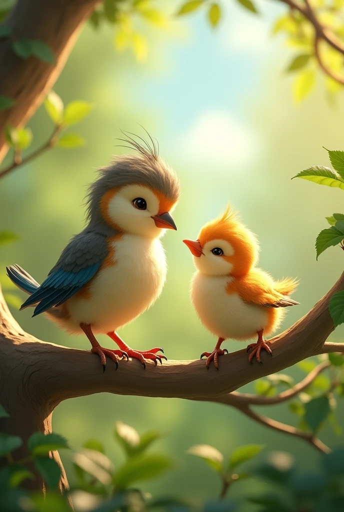 2. **Parents Encouraging Chick:** The mother and father birds are encouraging their chick to spread its wings and attempt to fly. The chick, however, is shown hesitating, with its wings slightly open, but fear clearly visible on its face