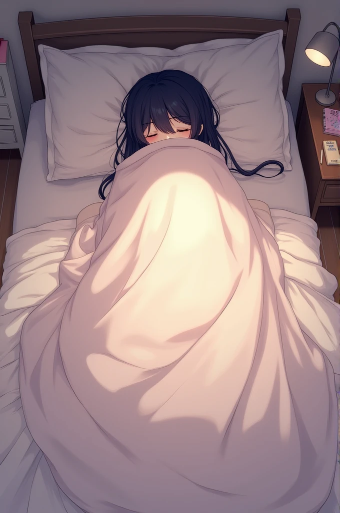 black hair girl，whitestocking，Bare legged，Superskirt，Flushing on the face，quadratic element，The whole body is soaked and dripping，Feet cocked，is shy，kneeling on a bed，leg wide open，Cover your hands between your legs