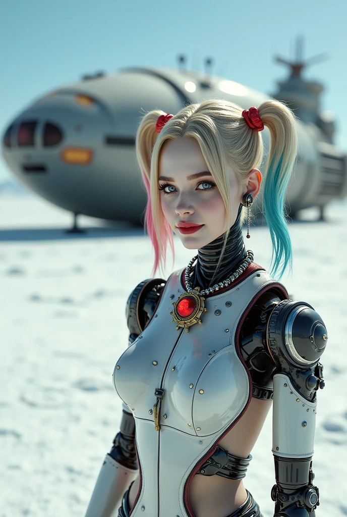 HDR steampunk image Full body panoramic image of Harley Quinn robot with Harley Quinn&#39;s face and white armor half human half robotic arm, a necklace that is a chip she is in an ice desert and there is a giant spaceship landed on the ground 