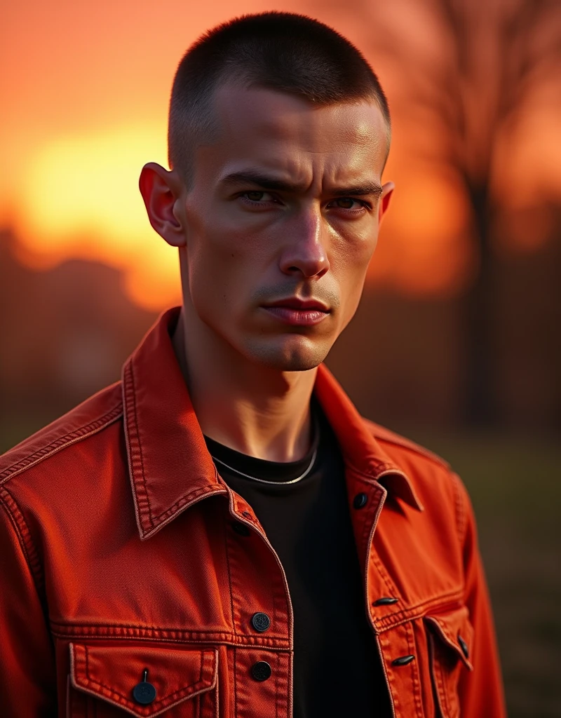 Brutal, photo portrait of a Lanky 3 Swedish man with Medium complexion , crew cut hair, wearing a red-Beige Denim jacket, detailed clothes, textured clothes, outdoors, hdr, Studio quality, orange studio lighting, sharp focus, (diffuse light:1.3), (soft light:1.5), global illumination, orange atmosphere