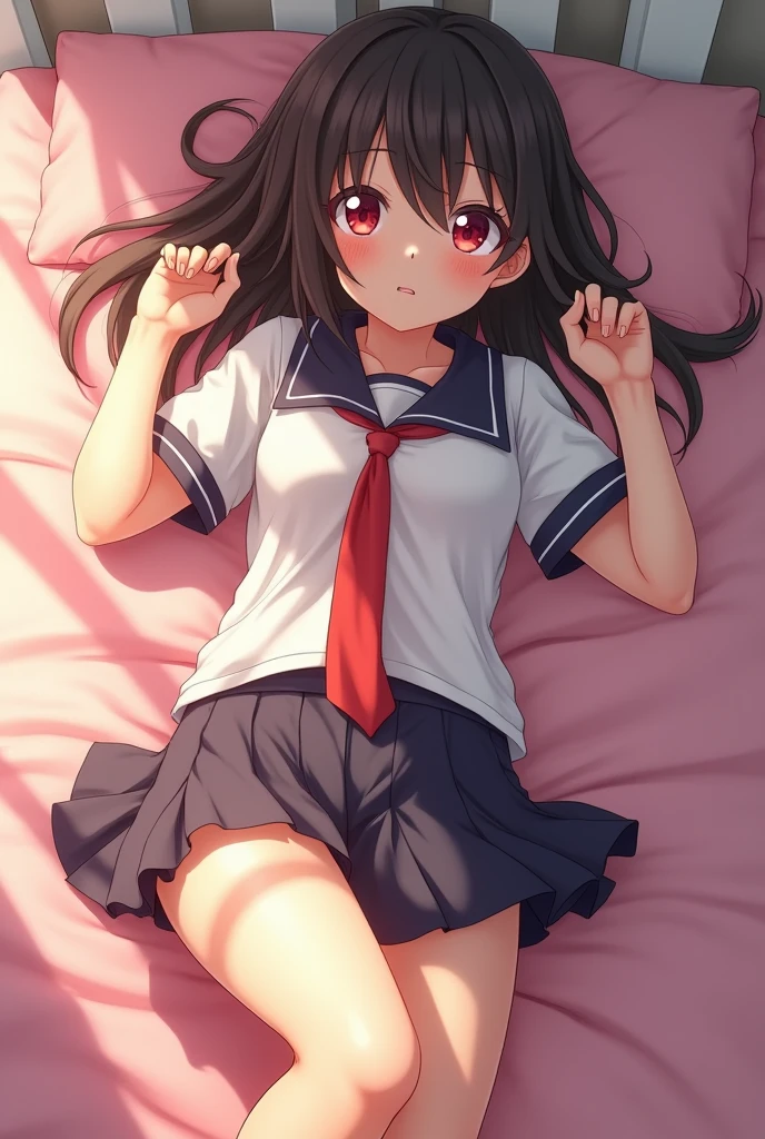 (spreading her legs for the camera:1.5)、(lying on your back on the bed:1.8)、(the skirt is turned up)、(I can see my vagina:1.8)、((No makeup:1.2))、(I can see my breast:1.8)、(disheveled clothing)、(realistic、Photoreal、super detailed、best detailed skins、highest quality、masterpiece、Super high resolution)、cute japanese woman、、high school girl、young girl、1 girl、have bangs、double eyelid、purity、double teeth、realistic肌タイプ、fluffy hair、red cheeks、(School uniform shirt)、white shirt with long sleeves and collar、(Dark blue skirt)、(Girly room)、bright atmosphere、8K RAW photo、High resolution、(very big round breasts:1.2)、beautiful eyes、detailed eyes、drawn in detail、long eyelashes、美しいdouble eyelid、beautiful and very thin legs、(Beautiful and very thin thighs),simple necklace、nude short skirt、Quite embarrassed look、red cheeks,duck mouth、evil sex smile、evil sex look、beautiful and very thin legs、Beautiful and very thin thighs,(Angle from directly above)、Detached tie, masturbation, climax squirting, wet vagina, wet breast, masturbation with dildo, charming face climax masturbating.