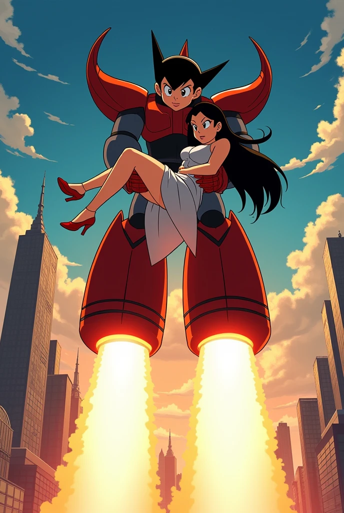 astro boy caring a woman in his arms while rocket bossting in the air