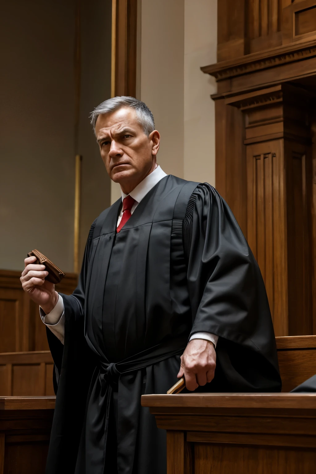 judge, magistrate, a judge of law, enraged, banging his wooden gavel on the court bench. Glaring angrily at the viewer of the photo. The judge is wearing a black robe. judge usa roupas de magistrate quando preside audiência de julgamento. work of art, High definition image, ultra detailed image, PICTURE REALISTIC, cinematic image, impactful and aggressive