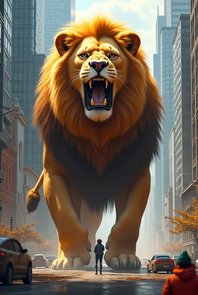 Giant muscular
Lion in city