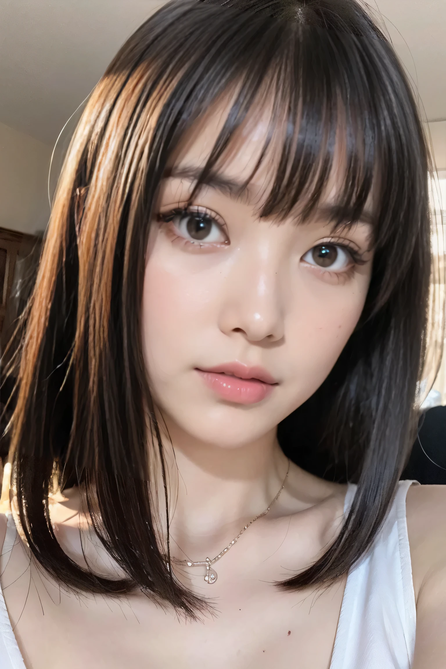8k、High resolution、Maid Fashion、beautiful girl、{{bangs:1.6}}、young、White skin,、Narrow eyes,High nose,Face lighting、Clear images、Intellectual beauty、skinny、No makeup、Anxious expression、Face lighting,Shiny Hair、single eyelid,blue eyes