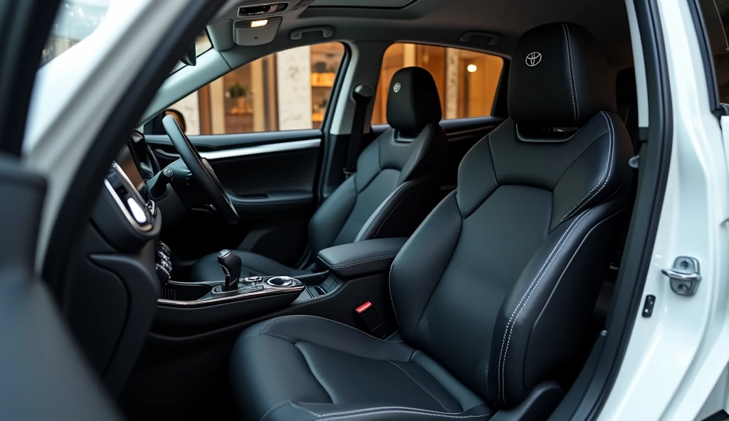 An interior view showcasing the luxurious black seats of the New 2025 Toyota RAV4, with a sleek white exterior, parked in a high-end showroom. The seats are designed with premium black leather, featuring elegant stitching and ergonomic contours for ultimate comfort. The iconic Toyota logo is subtly embossed on the headrests, adding a touch of brand exclusivity. The interior combines modern technology with high-quality materials, enhancing the sophisticated atmosphere of the vehicle. The showroom’s opulent setting, featuring polished marble floors, expansive glass walls, and stylish decor, is visible through the windows, amplifying the luxury feel. The vehicle’s narrow headlamps and luxurious rims complete the modern and elegant design of the RAV4.