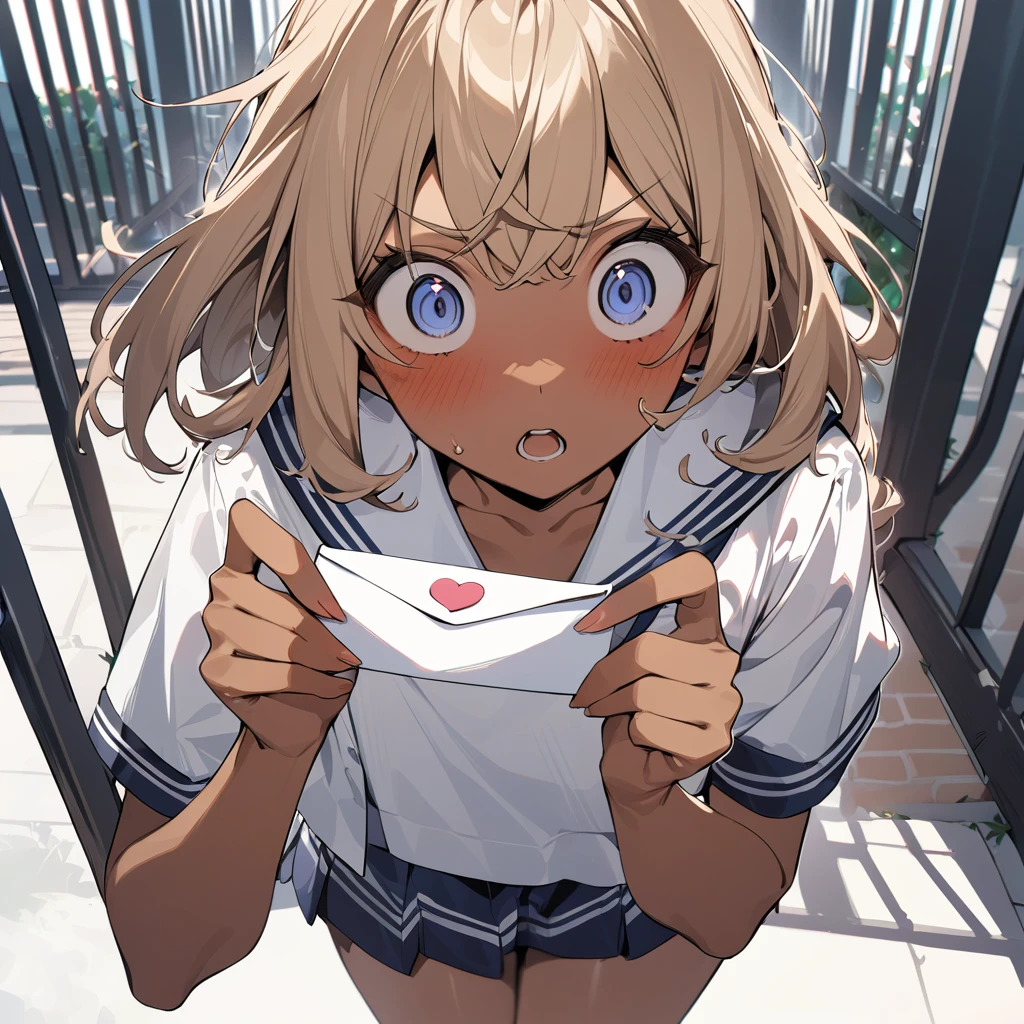 ((amazing quality, great quality, top quality, very aesthetic, aesthetic, best quality)),15yo,dark skin girl,sailor fuku,having love letter,school gate,surprised,shocked,stunned,upset,eyes widen,open mouth widen,Top view