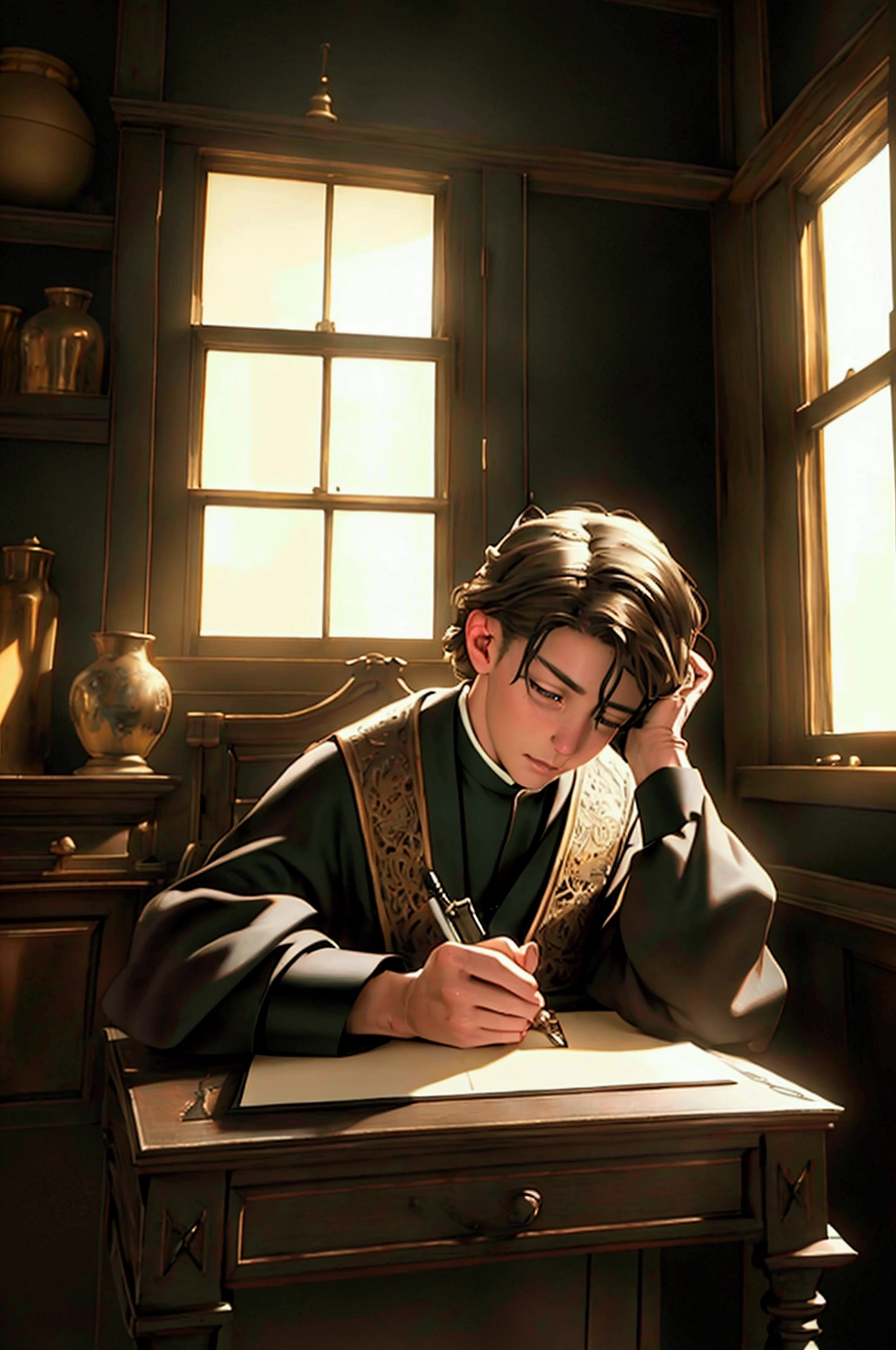 a young priest writing a letter at a desk, oil painting, realistic, intricate details, warm lighting, antique room interior, wooden furniture, bookshelves, window with cityscape, dramatic lighting, chiaroscuro, muted color palette, cinematic composition, masterpiece, (best quality,4k,8k,highres,masterpiece:1.2),ultra-detailed,(realistic,photorealistic,photo-realistic:1.37)