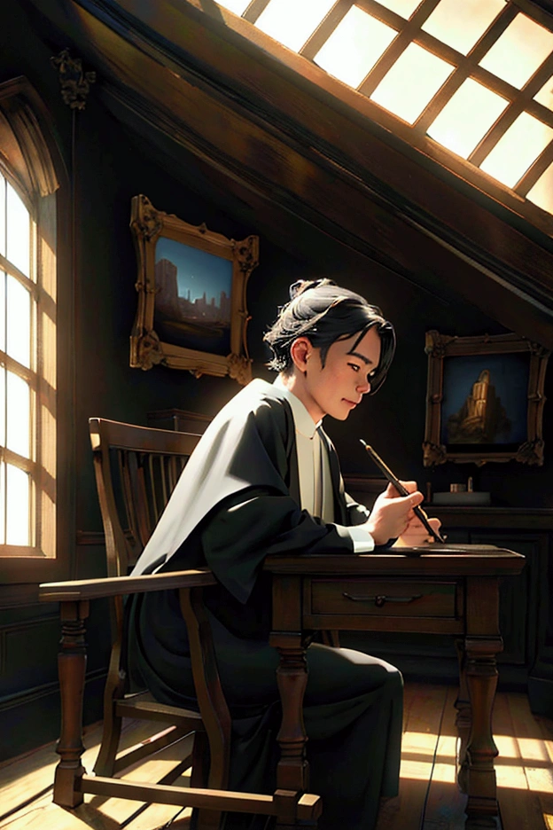 a young priest writing a letter at a desk, oil painting, realistic, intricate details, warm lighting, antique room interior, wooden furniture, bookshelves, window with cityscape, dramatic lighting, chiaroscuro, muted color palette, cinematic composition, masterpiece, (best quality,4k,8k,highres,masterpiece:1.2),ultra-detailed,(realistic,photorealistic,photo-realistic:1.37)