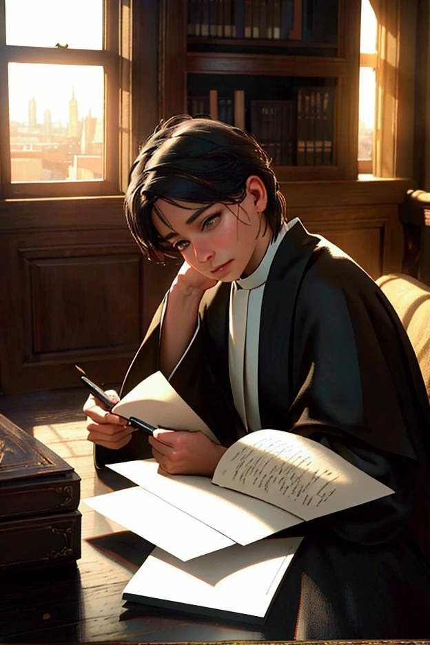 a young priest writing a letter at a desk, oil painting, realistic, intricate details, warm lighting, antique room interior, wooden furniture, bookshelves, window with cityscape, dramatic lighting, chiaroscuro, muted color palette, cinematic composition, masterpiece, (best quality,4k,8k,highres,masterpiece:1.2),ultra-detailed,(realistic,photorealistic,photo-realistic:1.37)