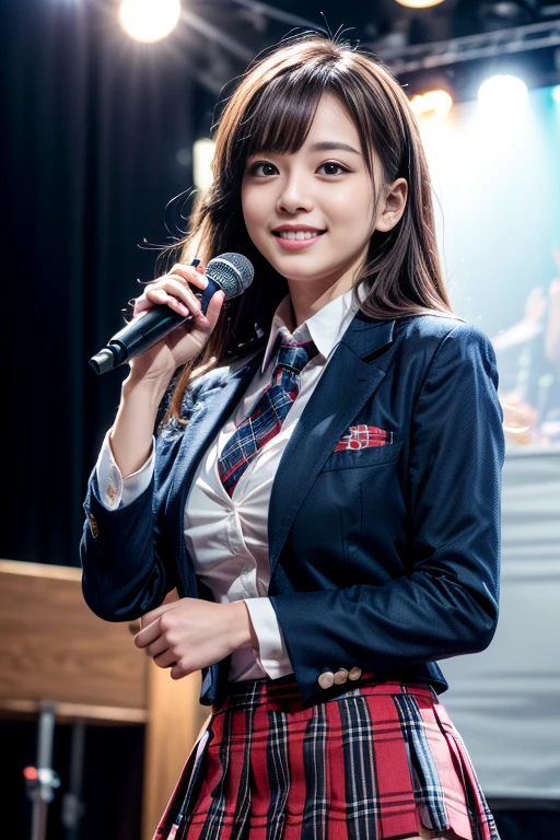 ​(realistic, photo-realistic), (masterpiece, best quality), high resolution, intricate details, extremely detailed, sharp focus, looking at the viewer, solo, 1girl, an idol group member, (AKB48-style costume), (navyblue blazer with red trim on cuffs and red collar lining, emblem, white collared shirt, tie:1.2), (red miniskirt, tartan check plaid skirt, pleated skirt:1.3), kawaii, cute face, big smile, holding a microphone with one-hand and singing, dynamic lighting, cinematic lighting, professional lighting, pale skin, detailed face, detailed  eyes, beautiful pupils, sophisticated nose, photo background, indoors, the concert venue, audience in background,