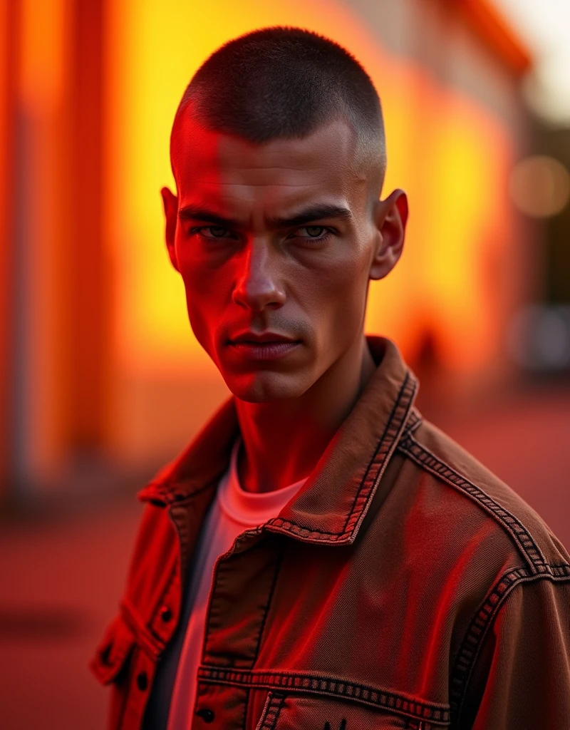 Brutal, photo portrait of a Lanky 3 Swedish man with Medium complexion , crew cut hair, wearing a red-Beige Denim jacket, detailed clothes, textured clothes, outdoors, hdr, Studio quality, orange studio lighting, sharp focus, (diffuse light:1.3), (soft light:1.5), global illumination, orange atmosphere