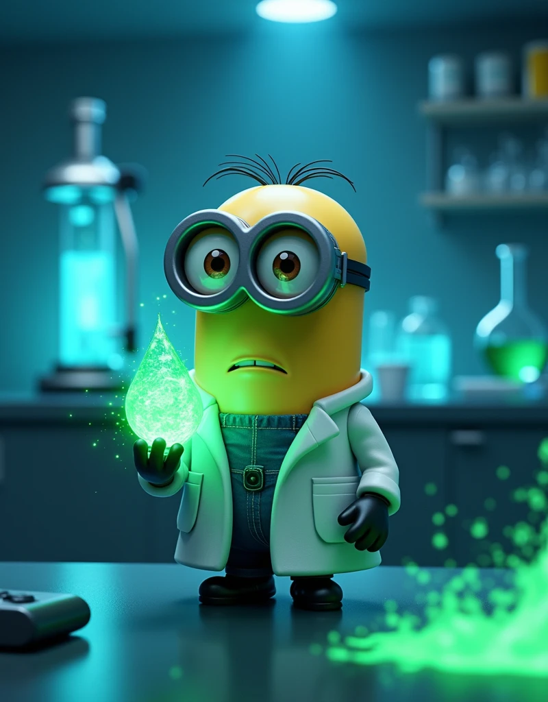 In the lab Minion Bob the scientist holds a green chemical and pours it into his mouth.