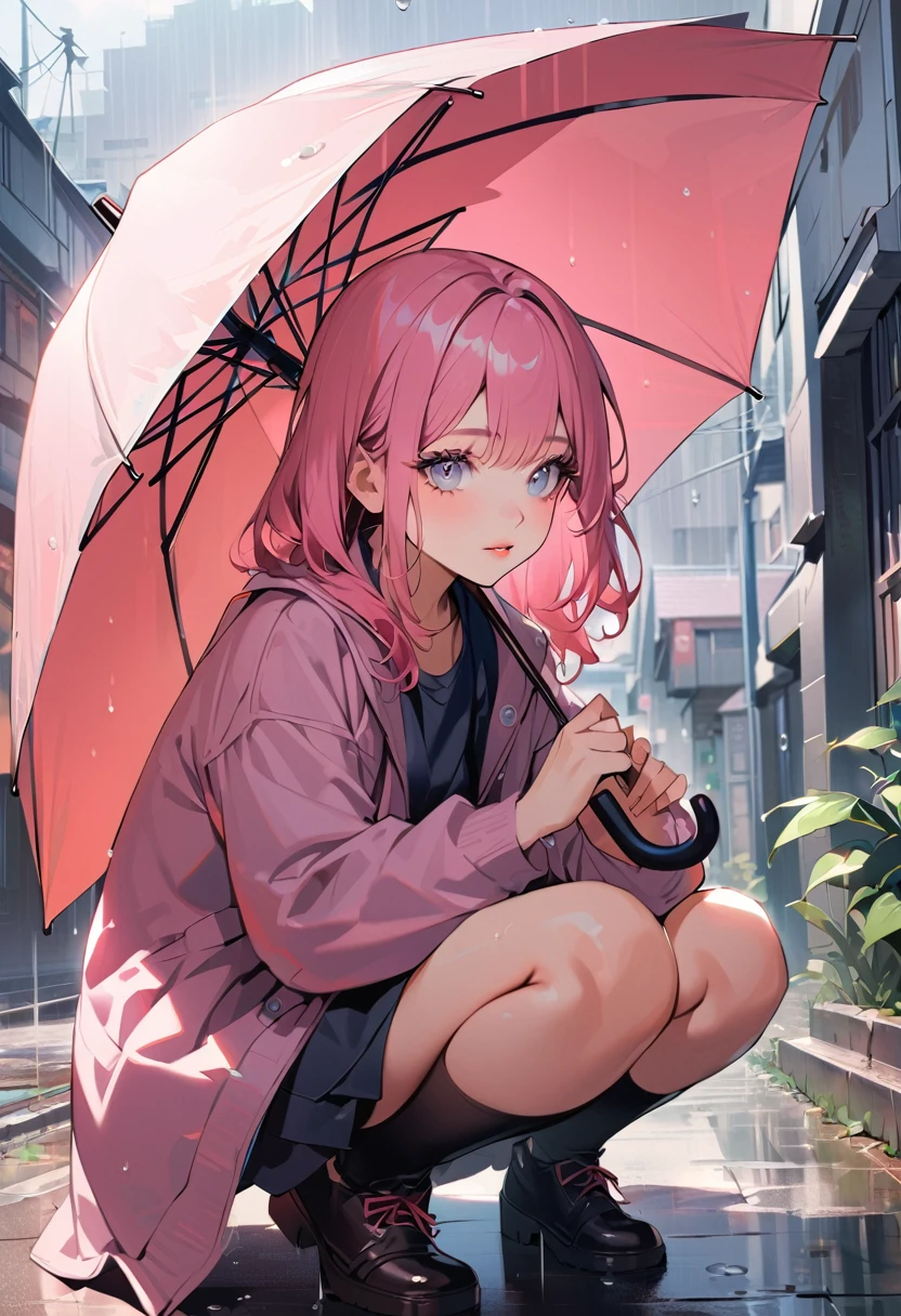 masterpiece, Highest quality, High Resolution, HS1,blush、smile,NSFW,rain、Raincoat,Crouching