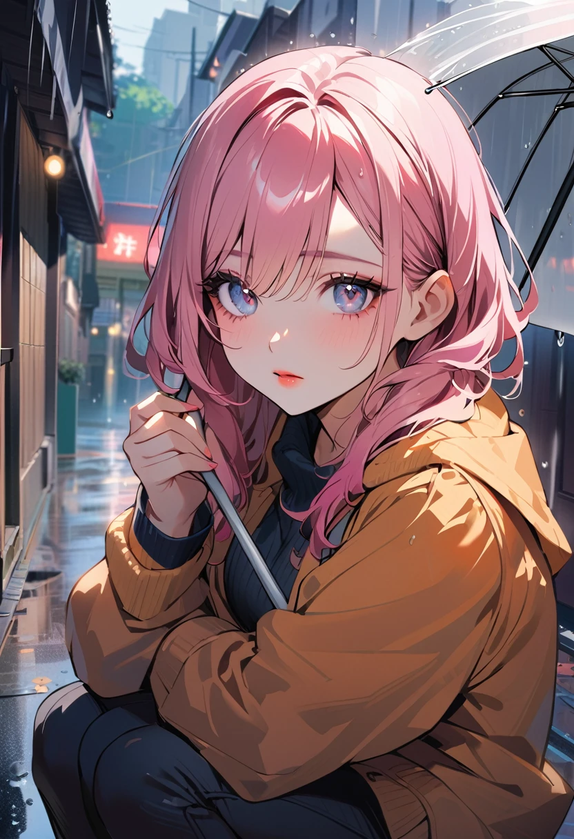 1woman, solo, pink hair, gray eyes, detailed eyes, eyelashes, light lips, 25years old, she's holding an umbrella, squatting, raining, residential area with sunshine, Accurate depiction