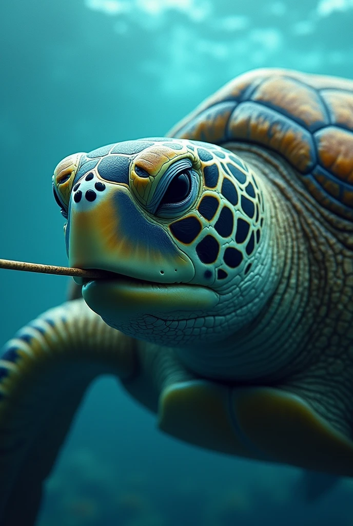 A big sea turtle, extremely detailed, photorealistic, dramatic crying expression, detailed eyes and face, straw stuck in nose, ocean waves, underwater scene, cinematic lighting, vibrant colors, masterpiece