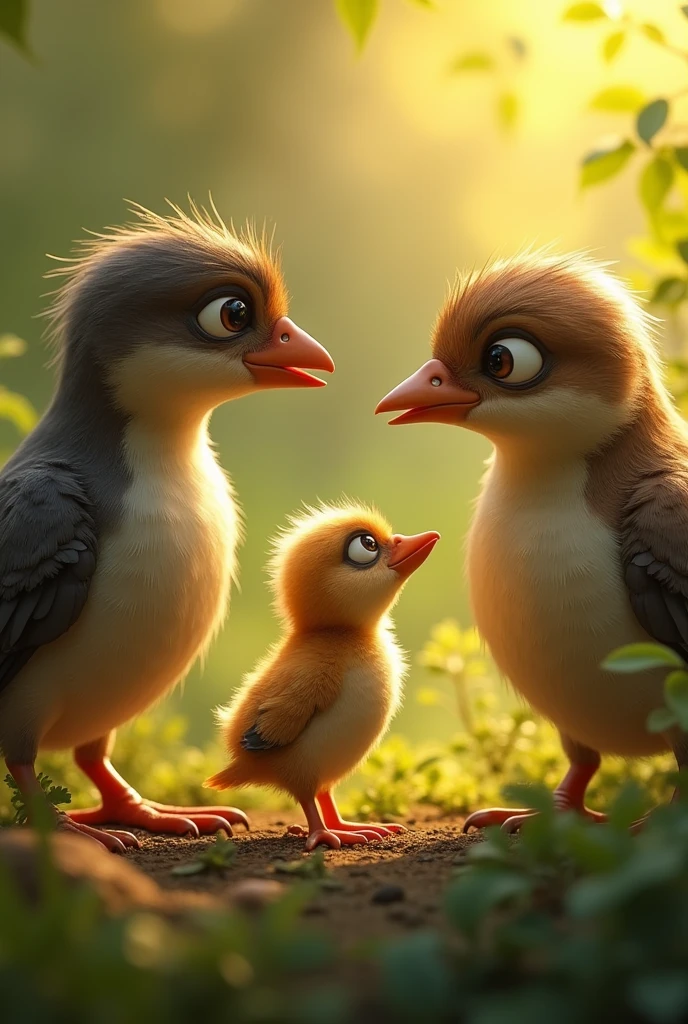 :** The mother and father birds are encouraging their chick to spread its wings and attempt to fly. The chick, however, is shown hesitating, with its wings slightly open, but fear clearly visible on its face