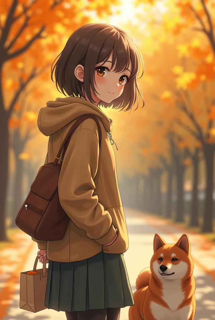 Highest quality, Face Focus, Soft Light, Ultra-high resolution, (Realistic:1.4), RAW Photos, 1 Japanese girl, alone, cute, (A shy smile:0.5), (Brown eyes, Light in your eyes), Beautiful face in every detail, (Small box),(High resolution detail of human skin texture), (Short Bob Hair), A dog walking along a ginkgo tree-lined road in autumn(Shiba Inu)Walk with、Holding a bag of roasted sweet potatoes