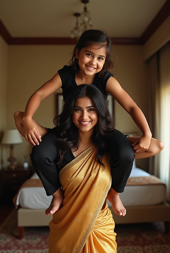 Beautiful and Slim Indian woman Aishwarya Rai in hot blouse lifting a large chubby fat man above her shoulders, man is sitting on woman's shoulder, in a bedroom, natural smile, woman is looking into the camera , her hands are on her waist, full image