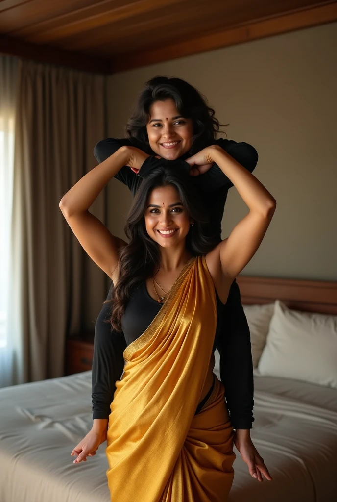 Beautiful and Slim, Sexy Indian woman in black blouse golden saree lifting a large chubby man above her shoulders, man is sitting on woman's shoulders, in a bedroom with high ceiling, natural smile, woman is looking into the camera , full body image