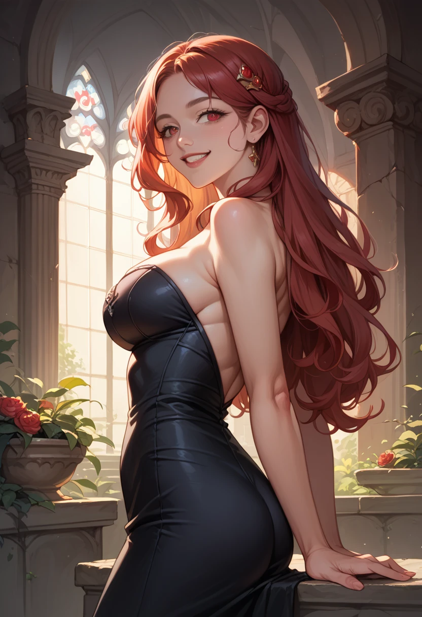 (photorealism:1.2), beautiful girl, hentai anime digital art, black long hair, seductive smiling face, she is fully covered, turning backwards, nice big ass, she is fully covered in black princess gown, slim, background of a red royal stone wall