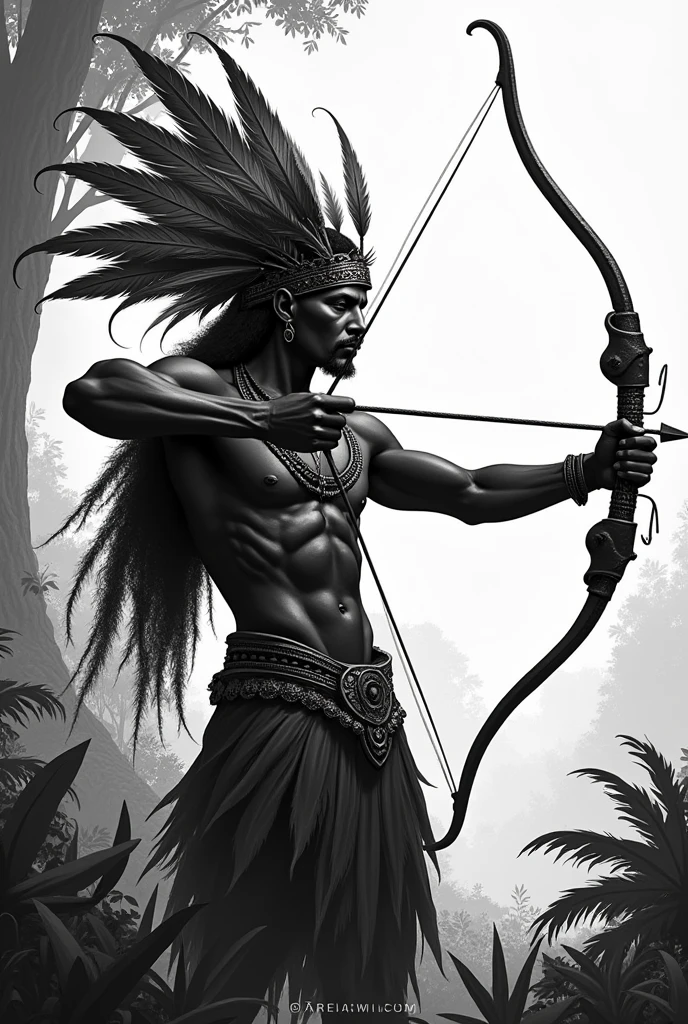 Orixá Oxossi in black and white shooting an arrow with feathers on his head