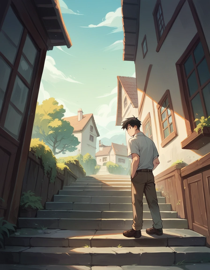 Boy with short black hair, in a grey polo shirt and brown trousers and leather shoes, rushing down the stairs backwards inside a house
