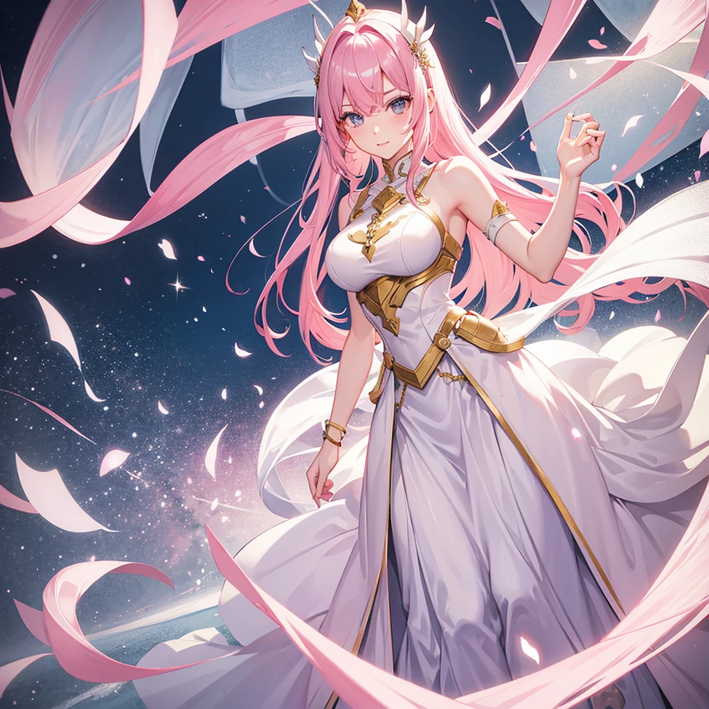 woman,pink hair,Platinum eyes,White dress set,Floor length skirt,Breastplate