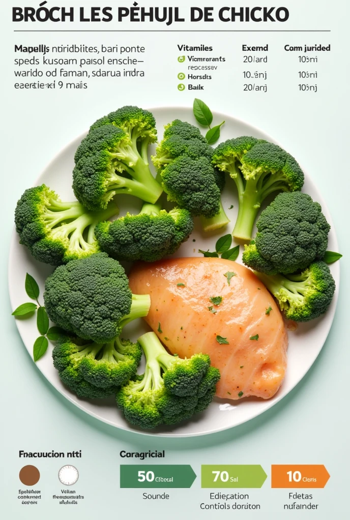 Create a food chart on the nutritional components of a plate of Broccoli with chicken breast and salt in Spanish