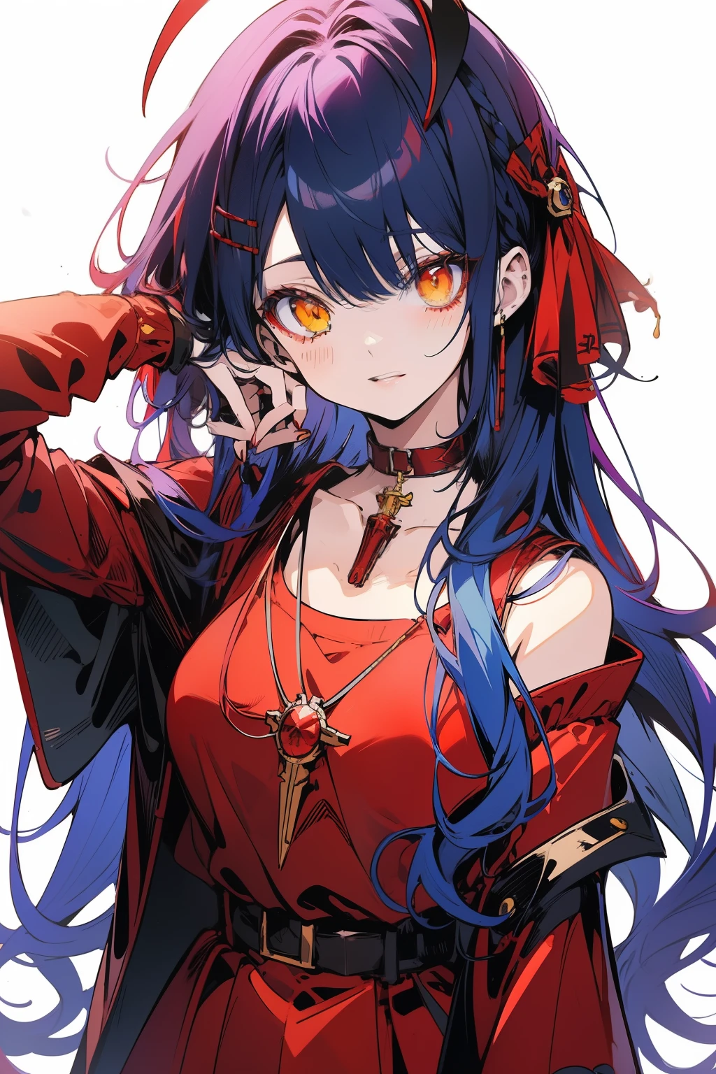 anime style, female character, (((red clothes))), (((blue hair))), hair loose in the front and tied back, purple choker around the neck, (((yellow eyes))), red armor, purple details on the armor, white shirt underneath the armor, purple pendant in the hair ((clip)), detailed, high quality, emotional effects, anime style.