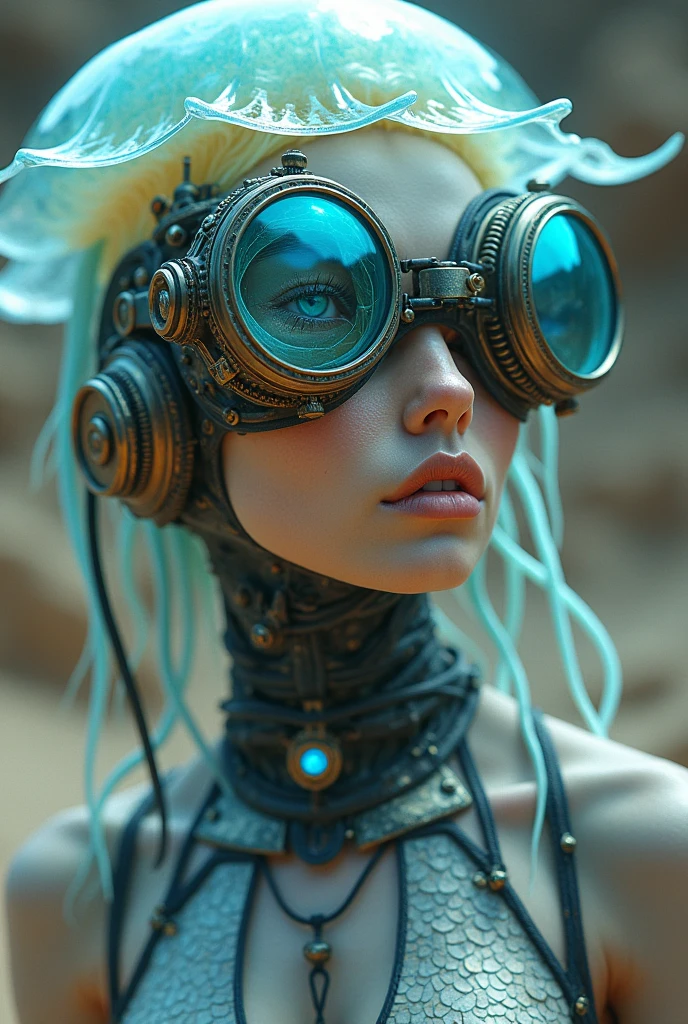 Ethereal Cyborg Woman, bioluminescent jellyfish tiara. Steampunk goggles merge with translucent tentacles. Cracked porcelain skin meets iridescent scales. Mechanical implants and delicate tendrils intertwine. Human characteristics with an otherworldly glow. Dreamy aquatic tones contrast with aged metal. Reflective eyes capture invisible worlds. Gentle bioluminescence meets a harsh desert landscape. Fusion of organic and synthetic, ancient and futuristic. Hyper-detailed textures, surreal atmosphere.