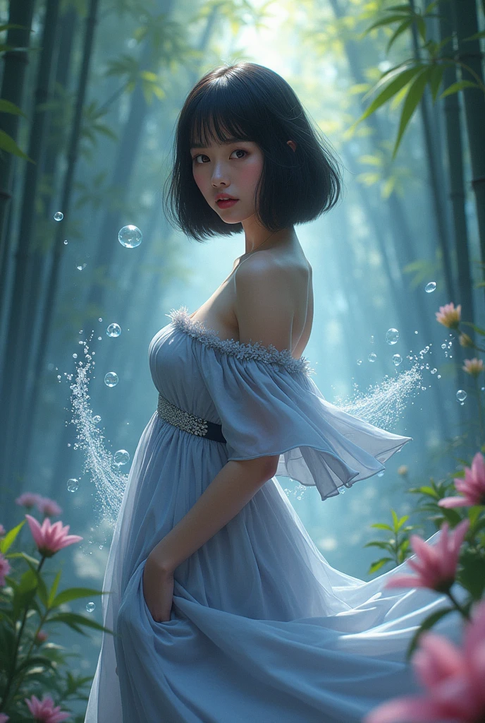 A fantasy scene unfolds inspired by Loish and Wallop . A woman, Wearing flowing clothes, as the center of the composition. She is blowing misty bubbles, their translucent forms suspended in the air,like fine gems. The gentle feelers of bubbles wrapped around her fingers, As if attracted by her touch. in the background, Subtle gradients of blue and purple create a dreamy atmosphere, Reminiscent of Anna Dittmann's style. Water magic swirls around her, with intricate details,Inviting the audience to step into this fantasy world. She wears tight clothes, The silver silk dress clung to her slender body, Emphasizing her medium bust and toned shoulders. As she stood in the tranquil bamboo forest at dawn,The dress is blown by the gentle tropical island breeze.in soft focus, Low-key and beautiful scene, An attractive young woman lies provocatively in a lush flower garden, Her off-the-shoulder top accentuated her bust and striking shoulders. Her ample breasts were on prominent display, Her plump figure is charming. She has a bob haircut,Eyes seductive, The frown adds to the sense of mystery. The colorful T-shirt she is wearing is slightly textured,similar to flowers, The cold light accentuated the contours of her toned body. From above, The camera captured her seductive pose, show her seductive posture,she lies among vibrant flowers,Showing off her plump thighs. She meets the audience's eyes, exuding playfulness, Full of provocation. Her plump lips were painted a light red, separate into a charming smile,implies a naughty personality. The camera captured her in stunning detail, From the transparent white skin to the delicate makeup on her face,to the intricate hair details.. The scene is bathed in a soft atmosphere, Natural light, Embellishments with virtual light effects,to enhance the overall sense of realism.