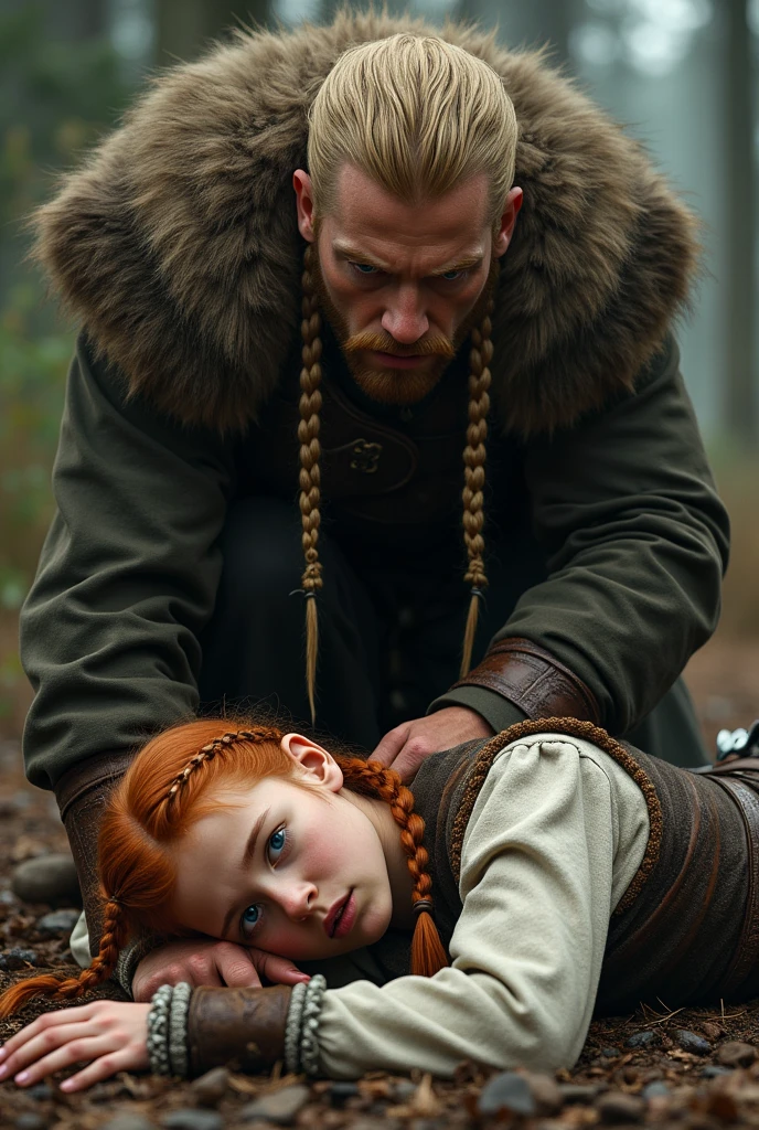 a 20 year old peasant girl, natural redhead with viking hairstyles, dressed in the style of Sansa Stark fallen bye, lying down, scared, standing is ragnar lothbrok young 30 years old from the series blond hair, short beard. looking at her