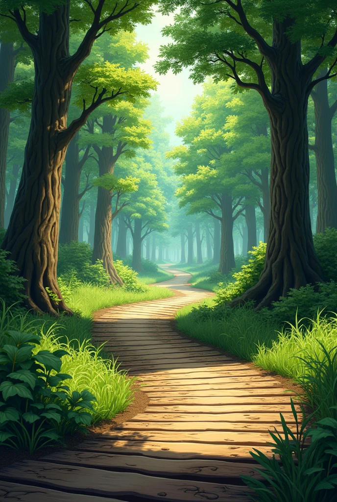 road with wooden planks placed on it, with trees on both sides, and green trees visible further ahead."