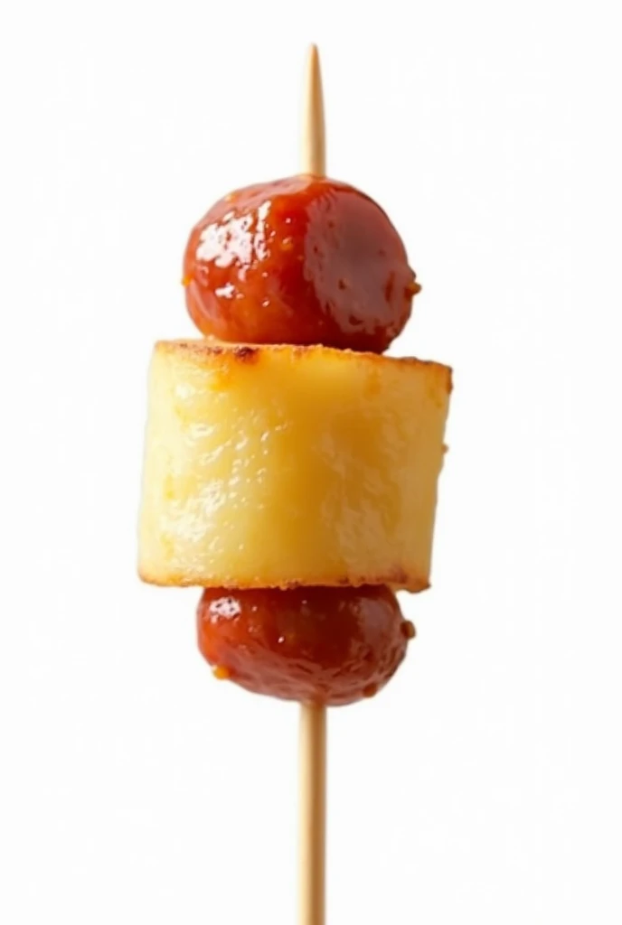 Piece of sausage wrapped in a thin slice of potato stuck on a toothpick on transparent background png