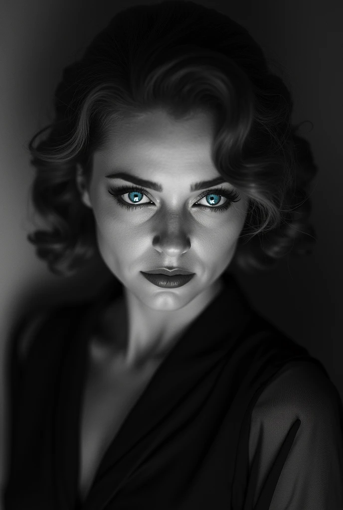 An old, mysterious black and white photograph, in the early twentieth century, The person in the photo is a beautiful actress dressed up, Mysterious monochrome photograph, Only her eyes are blue, Bright blue eyes are striking, close-up