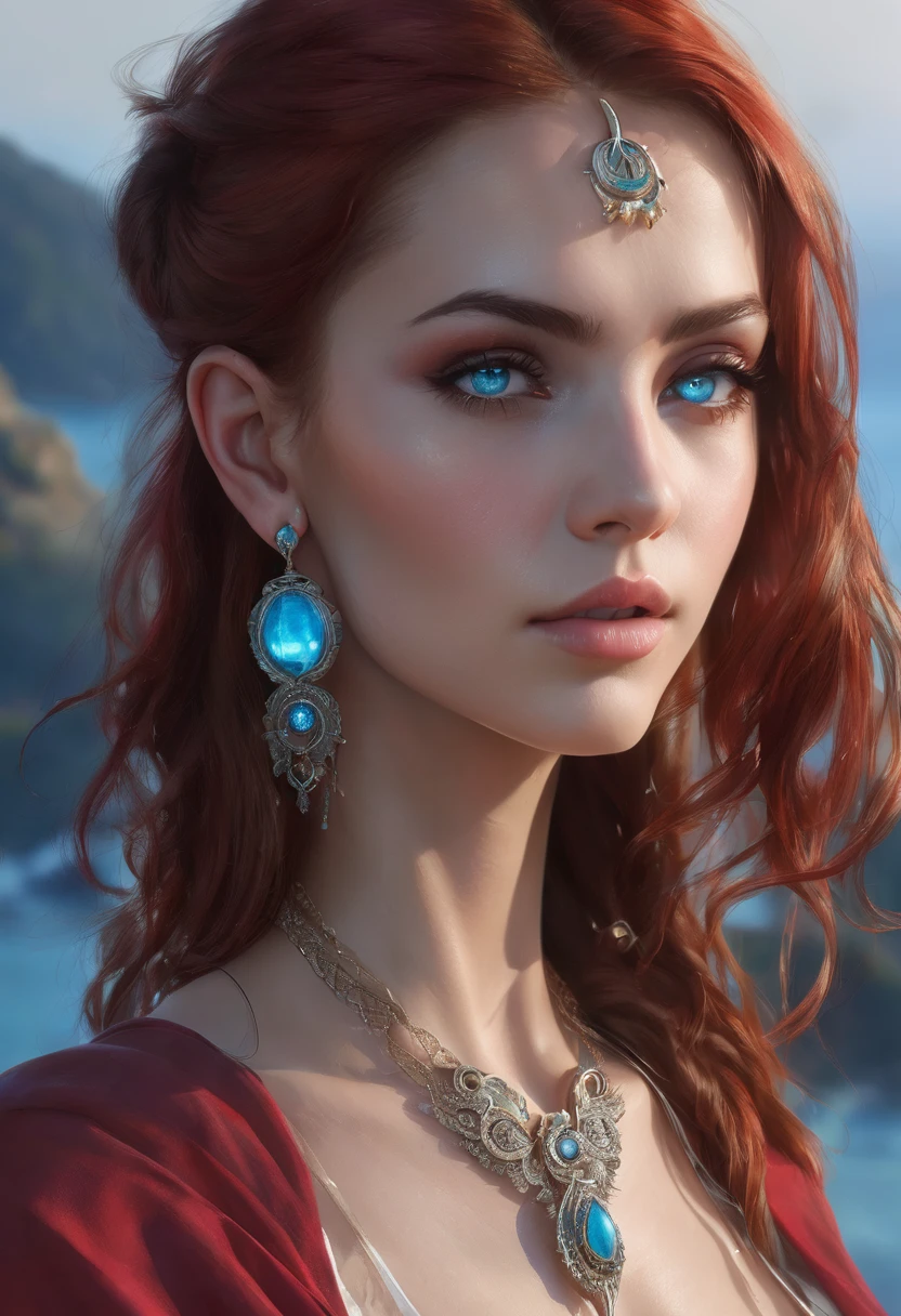 (masterpiece:1.3), (8k, photorealistic, raw photo, Best Quality: 1.4), (1 girl), beautiful face, full and sexy body, sexy hips, (realistic face), (Red hair, Long hair:1.3), beautiful hairstyle, realistic eyes, beautiful detailed eyes, (Realistic skin), beautiful skin, masterpiece, detailed face, detailed eyes, beautiful, of the highest quality, (elf woman, Dark, Madura))), (light blue aquamarine eyes), (((wearing a delicate red gemstone earring))), (Wearing a shiny moonstone necklace necklace), eyelash, ( usando arMadura sexy), whole lip, blushing lascivious face, [janet], [Alicia], "Beautiful adult face" , 30 years , mujer Madura , adult,(dark fantasy), absurdities, attractive, ultra high resolution, ultra realistic, Very detailed, golden ratio, (elder ring style), (carries a sword of light)
