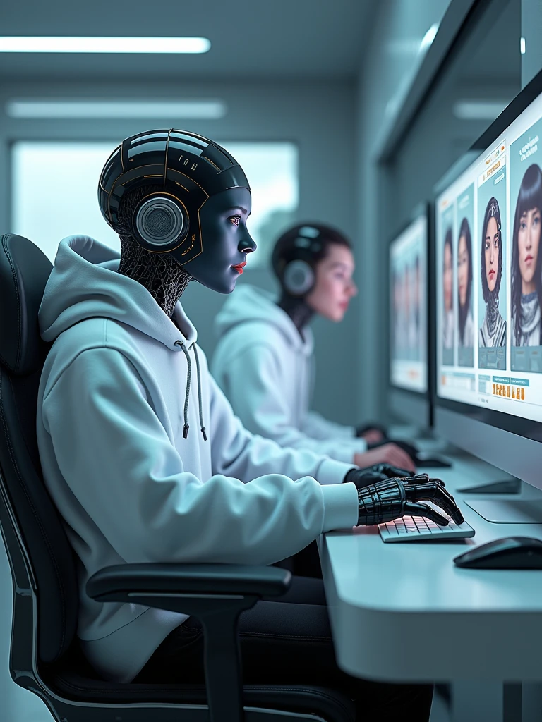 A robot with a person with a similar face in a white sweatshirt sits on a compulter armchair for computers in one hand mouse. On the head is a white hood and the top is dressed by Sonya headphones, photos on the profile on the right side. (Super quality), (Cyberpank), (Photorealism)