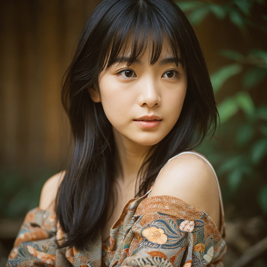 A hyper-realistic image of a single Japanese woman in her early 20s, captured from the shoulders up with the nostalgic warmth and subtle graininess of a film camera. She is wearing a traditional yukata, carefully detailed with intricate floral patterns in soft pastel colors, and an elegant, subtly textured obi tied in a classic style. The fabric of the yukata has a natural, lightweight texture, with slight wrinkles and folds that add to its realism, draping gracefully over her shoulders. Her skin has a warm beige tone with a natural, slightly rough texture, including visible pores, fine lines, and minor blemishes that enhance the authenticity of her appearance, deliberately avoiding an overly smooth or airbrushed look. The lighting is soft and muted, mimicking natural light at dusk, with gentle, diffused shadows that softly contour her features and bring out the realistic texture of her skin. Her straight, glossy black hair is styled simply, slightly tousled around her face, adding to the natural look. Her deep brown eyes reflect the ambient light subtly, adding a touch of depth and emotion. The film camera effect introduces a light grain and a softer focus, providing a warm, nostalgic atmosphere while maintaining the coarse, realistic texture of her skin. The composition emphasizes her serene and understated elegance, capturing every natural imperfection that makes her beauty truly lifelike, with a focus on the delicate details of the yukata and the raw, authentic quality of her skin.