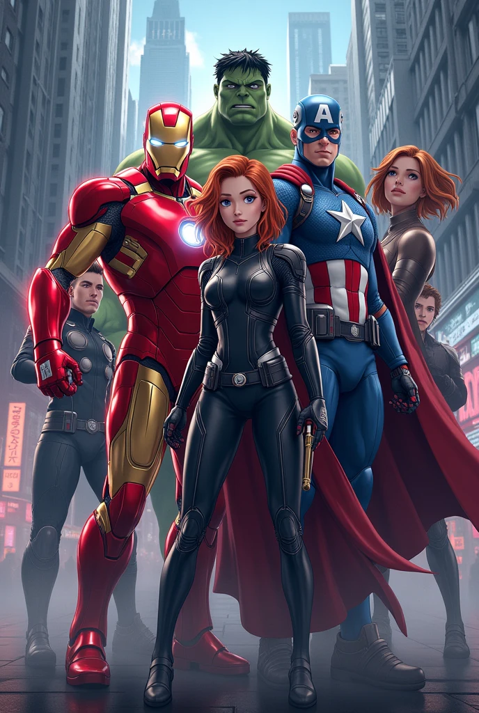 "Create an image of the Avengers reimagined as anime characters. Include characters like Iron Man, Captain America, Thor, Hulk, and Black Widow. Design them with exaggerated anime-style features, such as large expressive eyes, dynamic poses, and sleek, detailed armor or costumes. The background should be a futuristic cityscape with dramatic lighting, emphasizing action and intensity. Each character should have their own unique anime-style weapons or accessories that fit their personality and powers."