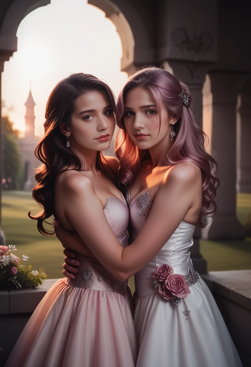 score_9,score_8_superior,score_7_superior,a beautiful couple in a fantasy landscape, detailed intricate features, soft pink lighting, extremely detailed, highly realistic, photorealistic, masterpiece, 8k, ultra-detailed, cinematic lighting, dramatic atmosphere, magical, dreamlike, romantic, elegant, flowing fabric, graceful poses