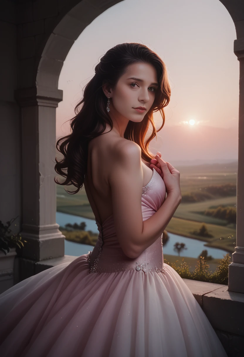 A beautiful woman in a pink dress standing next to a stone castle that has ivy and roses frowing on it