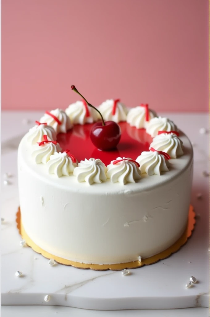 Make a 1 tier round white cake. The side of cake has small pearls spreaded. The side of the cake on top should have small 4 red ribbon surrounding the circle. The center of the cake has 21 color red with 1 cherry on top