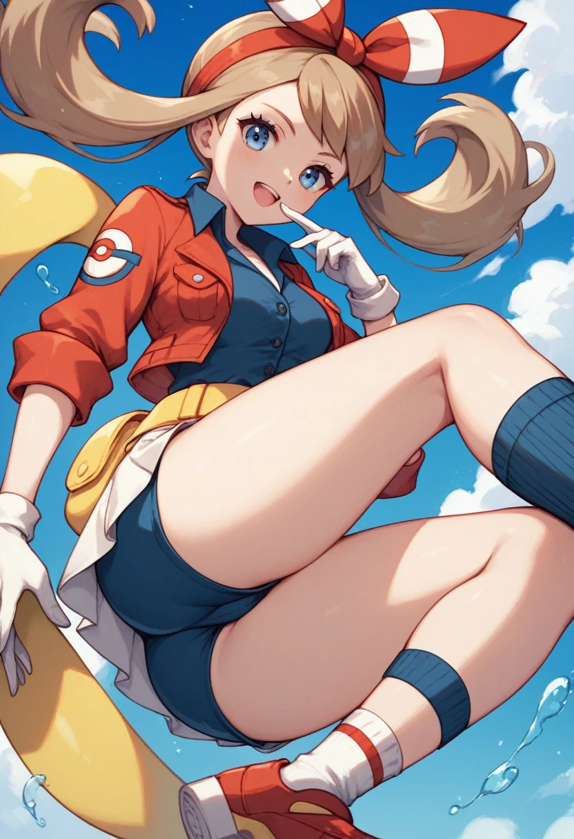 May from Pokémon, triple n size boobs, thin waist, medium size butt, medium size thighs, She wears a red short-sleeved shirt with a navy blue semi-circle on top part, a yellow fanny pack, white gloves with navy fingertips, a white mini skirt under the shirt over dark blue cycle shorts, and black ankle socks along with red shoes with black and yellow stripes, red bandanna covering the entire head with the two ends sticking up, light brown hair, long thick mousse brown hair with thick side tails, and with a side fringe falling across the forehead, blue eyes.