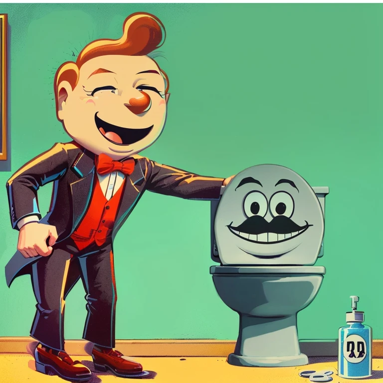 cartoon man in tuxedo flushing toilet, presses the toilet button, humorous illustration, funny illustration, Funny strange illustration, retro art, by Harry Beckhoff, Ретро cartoon, Mr. Sandman, Play toilet, funny piece of art, crazy illustration in a magazine, Funny cartoon, ultra humorous illustration, cartoon, The toilet is brilliant, Stylized digital illustration