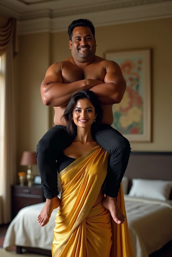 Beautiful and Slim, Sexy Indian woman in black blouse golden saree lifting a large chubby man above her shoulders, man is sitting on woman's shoulders, in a bedroom with high ceiling, natural smile, woman is looking into the camera , full body image 