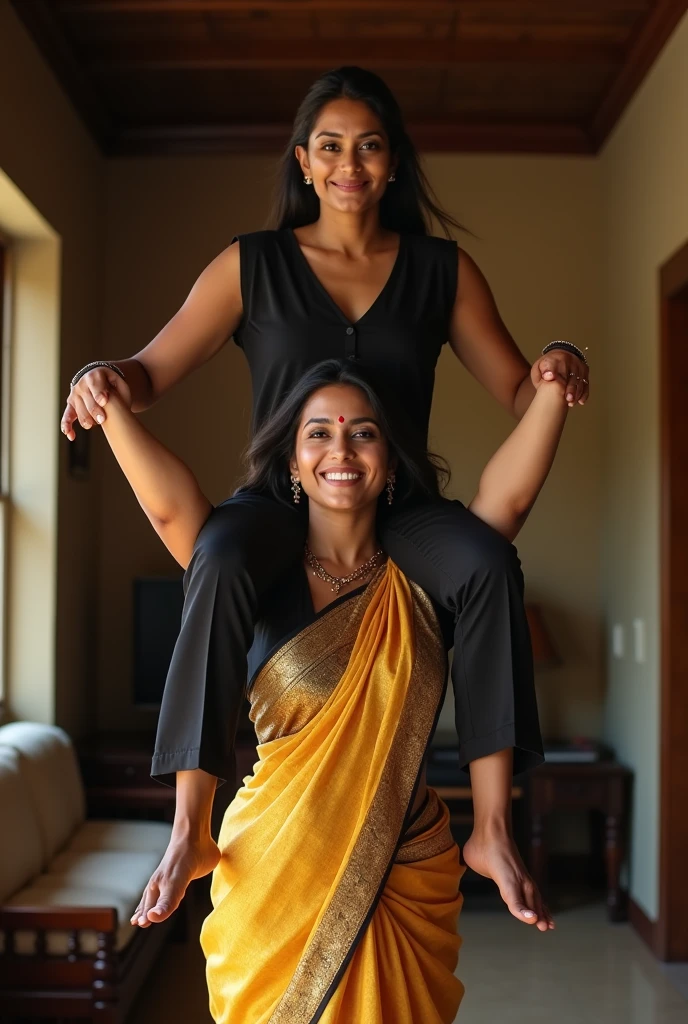 Beautiful and Slim, Sexy Indian woman in black blouse golden saree lifting a large chubby man above her shoulders, man is sitting on woman's shoulders, in a bedroom with high ceiling, natural smile, woman is looking into the camera , full body image 
