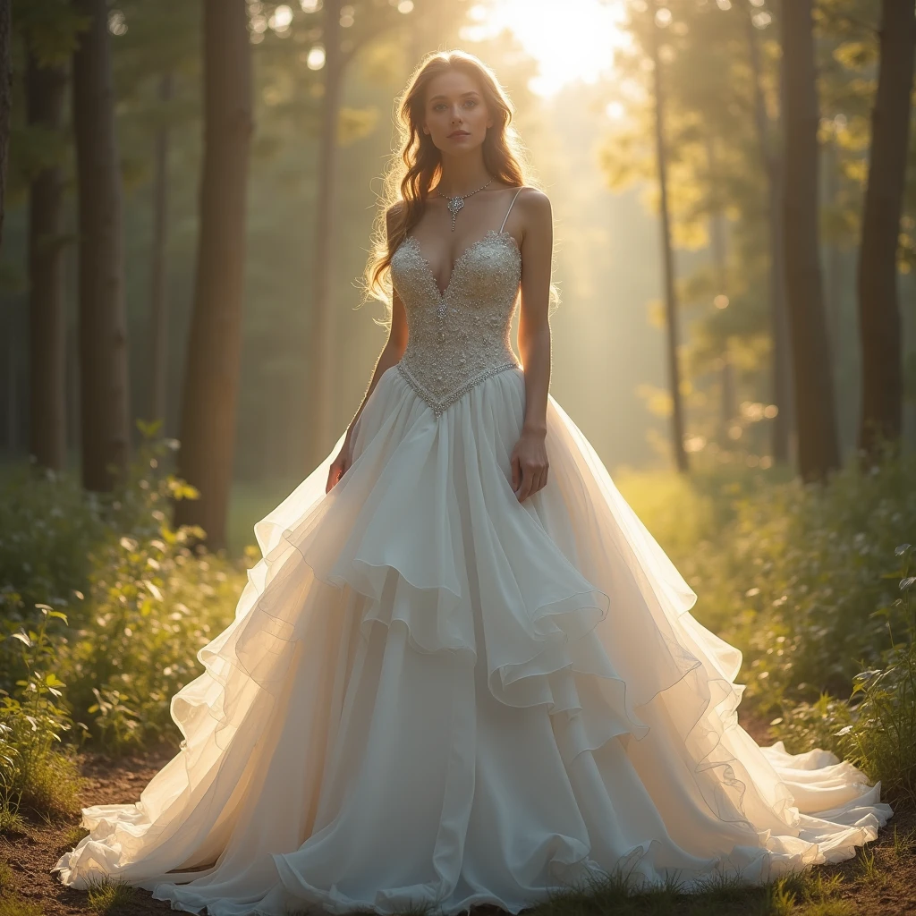 A breathtaking goddess-like girl wearing a luxurious, flowing white ball gown, standing in a sun-dappled forest clearing at dawn, her dress billows around her, with layers of ethereal fabric cascading down her body, perfectly highlighting her slender waist and full hips, the bodice is delicately embroidered with silver thread, accentuating her full, round breasts elegantly, her long, graceful arms are free, and her neck is adorned with a sparkling pendant that catches the soft morning light filtering through the trees, she stands tall and regal, her deep blue eyes gazing softly into the distance, her hair flowing in loose waves down her back, the scene is bathed in a gentle, diffused light, creating a magical, serene atmosphere, Photography, shot with a Canon EOS R5, 85mm f/1.2 lens, natural light with the soft glow of early morning